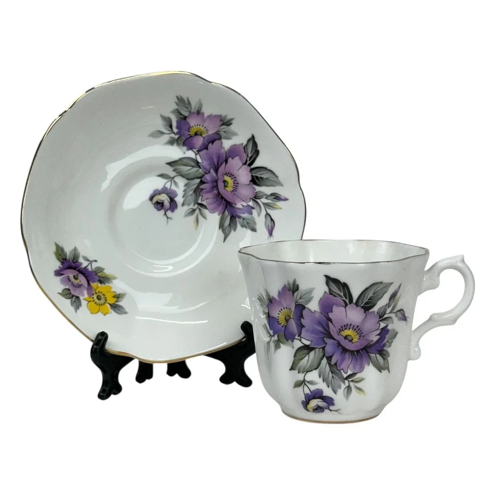 VTG Royal Grafton Tea Cup Saucer Purple Floral Scalloped Bone China England Gold